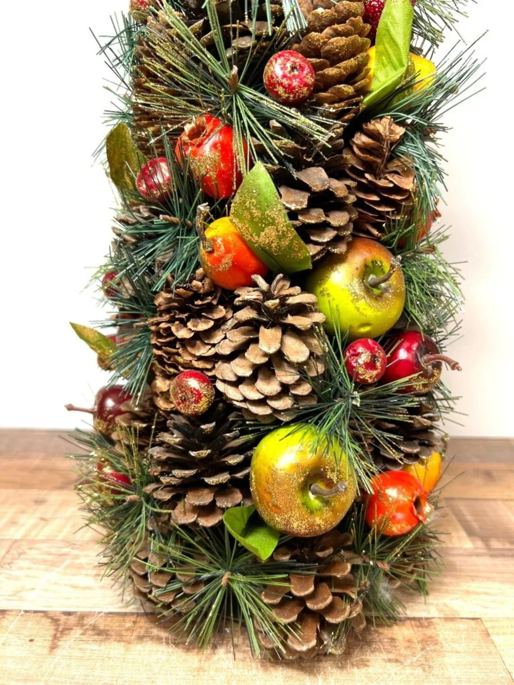Holiday Centerpiece Pinecone Tree With Faux Fruit & Greenery Accents Glitter 17